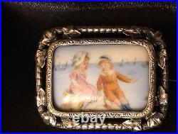 Antique Victorian Hand Paint Cameo Portrait Brooch Children Landscape Sterling