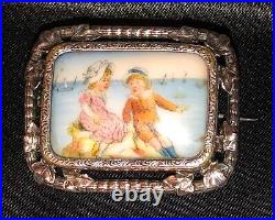 Antique Victorian Hand Paint Cameo Portrait Brooch Children Landscape Sterling