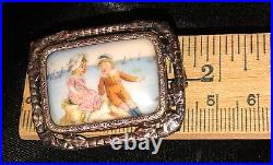 Antique Victorian Hand Paint Cameo Portrait Brooch Children Landscape Sterling