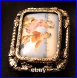 Antique Victorian Hand Paint Cameo Portrait Brooch Children Landscape Sterling