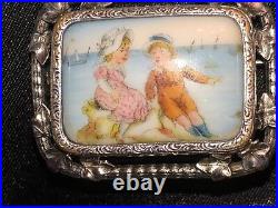 Antique Victorian Hand Paint Cameo Portrait Brooch Children Landscape Sterling