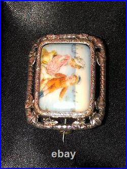 Antique Victorian Hand Paint Cameo Portrait Brooch Children Landscape Sterling