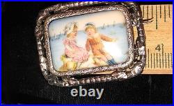 Antique Victorian Hand Paint Cameo Portrait Brooch Children Landscape Sterling