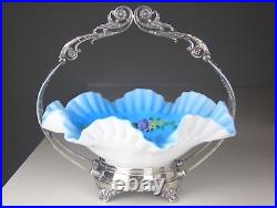 Antique Victorian Hand Painted Blue Glass Brides Basket
