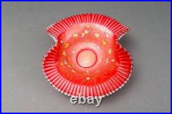 Antique Victorian Hand Painted Butterflies Ruffled Edge Glass Brides Basket Bowl