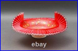 Antique Victorian Hand Painted Butterflies Ruffled Edge Glass Brides Basket Bowl