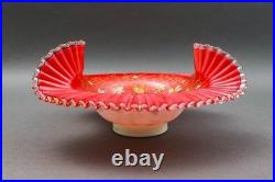 Antique Victorian Hand Painted Butterflies Ruffled Edge Glass Brides Basket Bowl