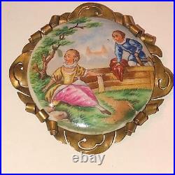Antique Victorian Hand Painted Cameo Portrait Courting Couple Brooch Porcelain