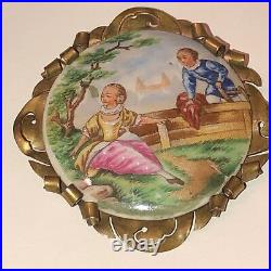 Antique Victorian Hand Painted Cameo Portrait Courting Couple Brooch Porcelain