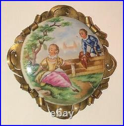 Antique Victorian Hand Painted Cameo Portrait Courting Couple Brooch Porcelain