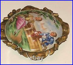 Antique Victorian Hand Painted Cameo Portrait Courting Couple Brooch Porcelain