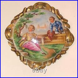 Antique Victorian Hand Painted Cameo Portrait Courting Couple Brooch Porcelain