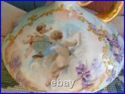 Antique Victorian Hand Painted Cherub Portrait Violets Floral Porcelain Ewer