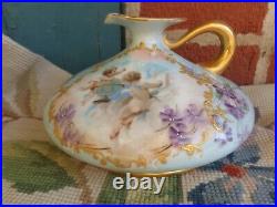 Antique Victorian Hand Painted Cherub Portrait Violets Floral Porcelain Ewer