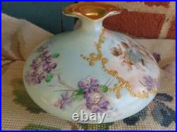 Antique Victorian Hand Painted Cherub Portrait Violets Floral Porcelain Ewer