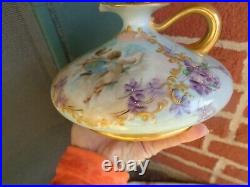 Antique Victorian Hand Painted Cherub Portrait Violets Floral Porcelain Ewer