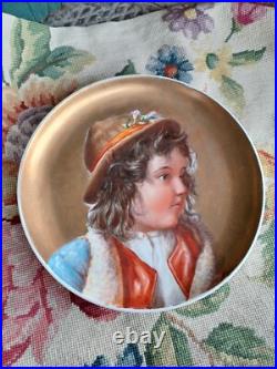 Antique Victorian Hand Painted Child Portrait Heavy Gold Wall Charger Plaque