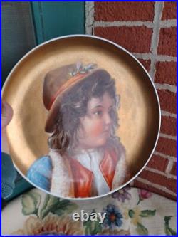 Antique Victorian Hand Painted Child Portrait Heavy Gold Wall Charger Plaque
