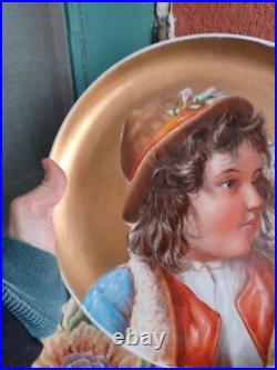 Antique Victorian Hand Painted Child Portrait Heavy Gold Wall Charger Plaque