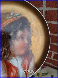 Antique Victorian Hand Painted Child Portrait Heavy Gold Wall Charger Plaque