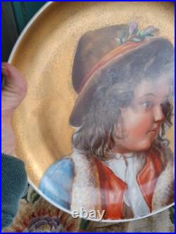 Antique Victorian Hand Painted Child Portrait Heavy Gold Wall Charger Plaque