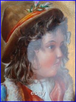 Antique Victorian Hand Painted Child Portrait Heavy Gold Wall Charger Plaque