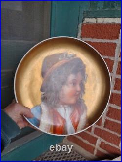 Antique Victorian Hand Painted Child Portrait Heavy Gold Wall Charger Plaque