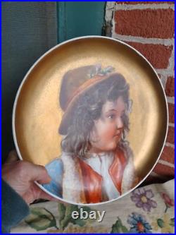 Antique Victorian Hand Painted Child Portrait Heavy Gold Wall Charger Plaque