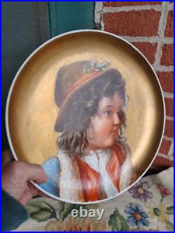 Antique Victorian Hand Painted Child Portrait Heavy Gold Wall Charger Plaque