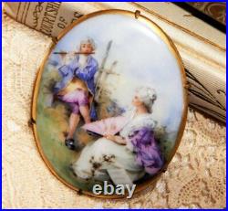 Antique Victorian Hand Painted Courting Serenade Large Porcelain Pin Estate