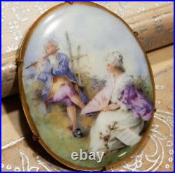 Antique Victorian Hand Painted Courting Serenade Large Porcelain Pin Estate