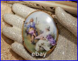 Antique Victorian Hand Painted Courting Serenade Large Porcelain Pin Estate
