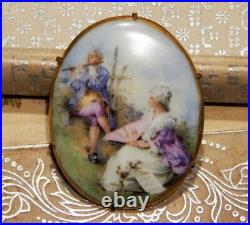 Antique Victorian Hand Painted Courting Serenade Large Porcelain Pin Estate