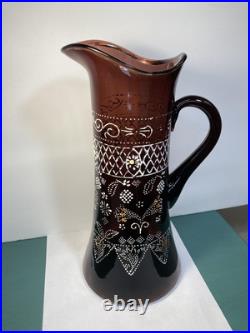 Antique Victorian Hand Painted Enamel Amethyst Glass Water Pitcher Or Tankard