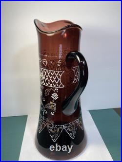 Antique Victorian Hand Painted Enamel Amethyst Glass Water Pitcher Or Tankard