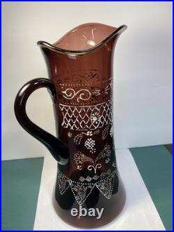 Antique Victorian Hand Painted Enamel Amethyst Glass Water Pitcher Or Tankard