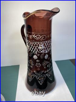 Antique Victorian Hand Painted Enamel Amethyst Glass Water Pitcher Or Tankard