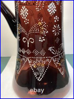 Antique Victorian Hand Painted Enamel Amethyst Glass Water Pitcher Or Tankard
