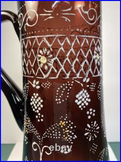 Antique Victorian Hand Painted Enamel Amethyst Glass Water Pitcher Or Tankard Antique Victorian Hand Painted Enamel Amethyst Glass Water Pitcher Or Tankard