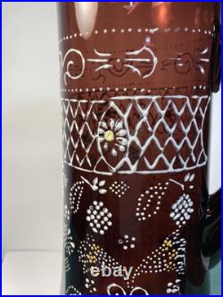 Antique Victorian Hand Painted Enamel Amethyst Glass Water Pitcher Or Tankard