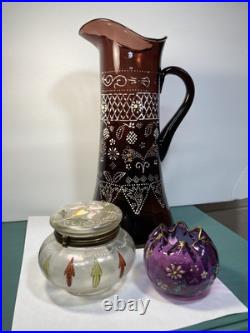 Antique Victorian Hand Painted Enamel Amethyst Glass Water Pitcher Or Tankard Antique Victorian Hand Painted Enamel Amethyst Glass Water Pitcher Or Tankard