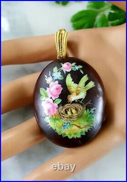 Antique Victorian Hand Painted Enamel Open Face Locket Bird Nest Flowers