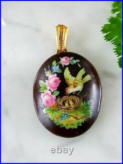 Antique Victorian Hand Painted Enamel Open Face Locket Bird Nest Flowers