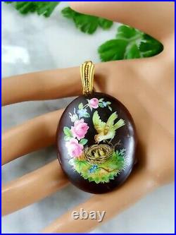 Antique Victorian Hand Painted Enamel Open Face Locket Bird Nest Flowers