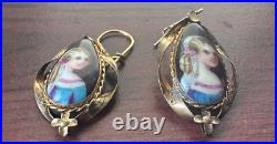 Antique Victorian Hand-Painted Enamel Portrait Earrings RARE FIND