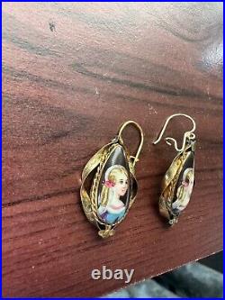 Antique Victorian Hand-Painted Enamel Portrait Earrings RARE FIND