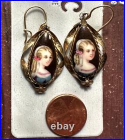 Antique Victorian Hand-Painted Enamel Portrait Earrings RARE FIND