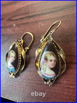 Antique Victorian Hand-Painted Enamel Portrait Earrings RARE FIND