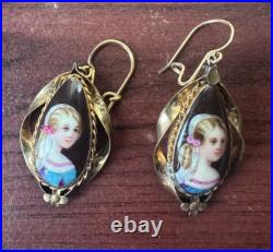 Antique Victorian Hand-Painted Enamel Portrait Earrings Unique