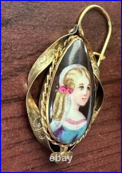 Antique Victorian Hand-Painted Enamel Portrait Earrings Unique